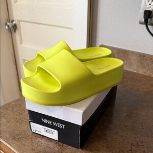 Nine West Neon Yellow Platform Slide Sandals